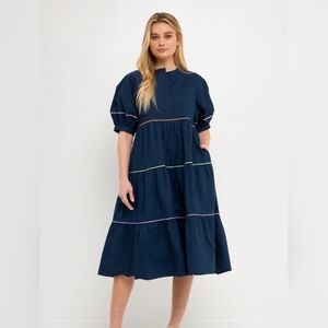 English Factory Navy Dress with Multicolor Stripes Medium (5413)